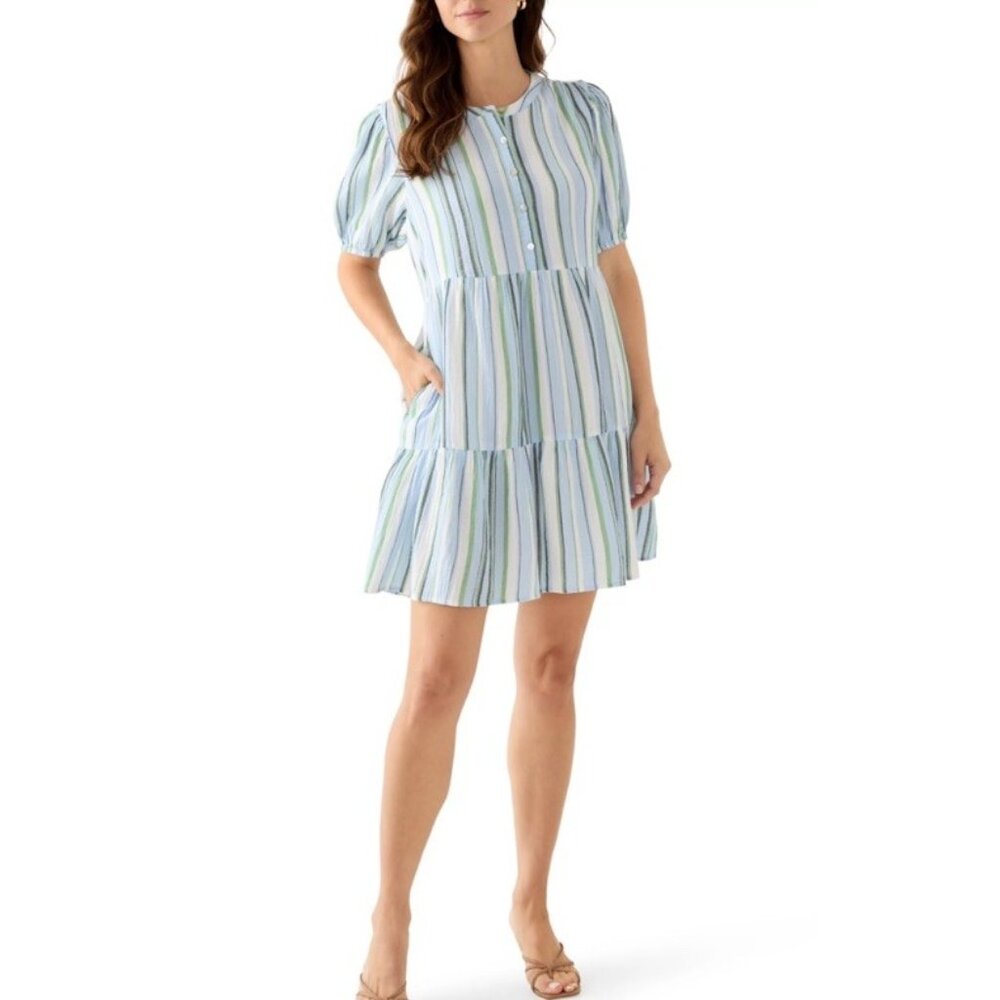 Wonderly women's XS  tiered gauze stripe mini dress boho Beach Cotton